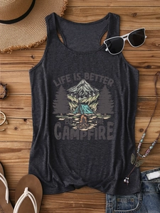 Detail of grey racerback tank top with Life Is Better By The Campfire print and accessories