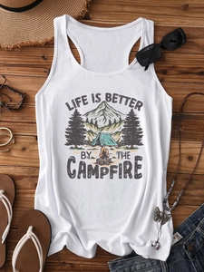 Detailed view of white cotton tank top featuring campfire print on dark wood background