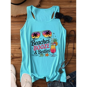 Canotta estiva celeste con stampa Beaches Booze and Besties e motivi tropicali