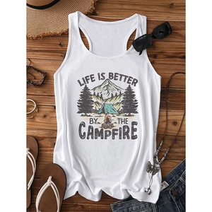 Women's white tank top with Life is Better by the Campfire print and outdoor graphics