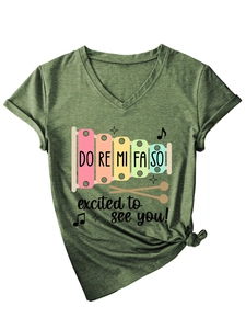 Detail of olive green V-neck T-shirt with rainbow xylophone print and stylish hem knot