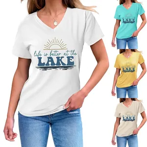 T-shirt à Manches Courtes et Col en V pour Femmes Life Is Better At The Lake Impression de Lettres en Coton