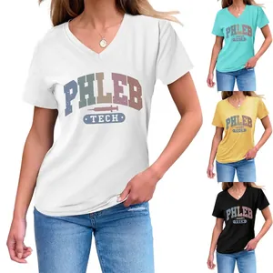 Phleb Tech Print Women V Neck T-Shirt Short Sleeve Cotton Blend Casual Top Professional Phlebotomy Career Gift Fashion