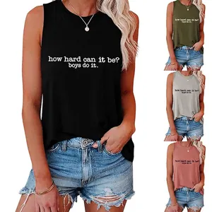 Débardeur Femme Sans Manches Col Rond Mélange Coton Imprimé Lettre Ample Été Gilet Décontracté Noeud Ourlet Slogan
