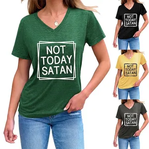 T-Shirt Décontracté à Col en V pour Femmes en Mélange de Coton à Manches Courtes avec Imprimé de Lettres Slogan Not Today Satan Haut d'été Ample