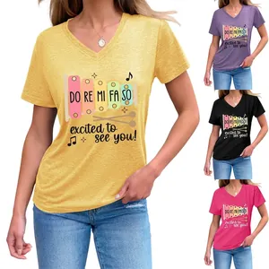 Women's V Neck Short Sleeve T-Shirt Funny Music Xylophone Graphic Print Loose Cotton Blend Casual Summer Top For Women