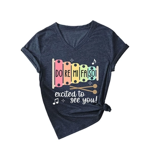 Deep heather blue V-neck t-shirt with rainbow xylophone print and tied hem detail