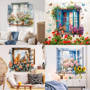 3D Fausse Fenêtre Fleurs Stickers Muraux PVC Amovible Botanique Papillon Chat Mural Pour Salon Chambre Décoration Maison