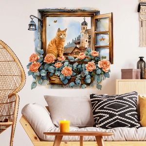 Sticker mural 3D vue fenêtre chat et fleurs orange pour décoration salon maison