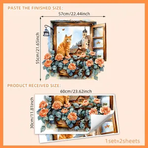Sticker mural fenêtre 3D avec chat et fleurs comprenant les mesures de taille précises