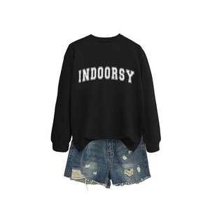 Women's black crewneck sweatshirt with Indoorsy print and ripped denim shorts set