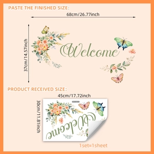 Welcome wall sticker with orange flowers and butterflies, DIY floral door decor mural