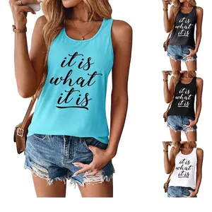 Débardeur Sans Manches Décontracté pour Femmes Dos Nageur Impression Lettres Col Rond Été Mélange Coton Confortable Top