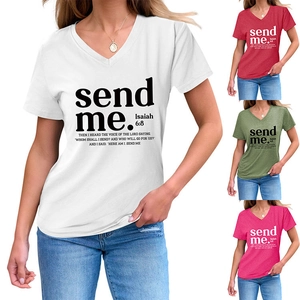 T-shirt in cotone con scollo a V e citazioni religiose stampate in vari colori