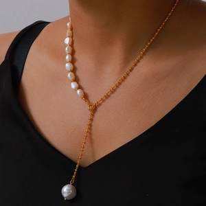 Elegant gold-plated Y-necklace with freshwater baroque pearls for women's jewelry