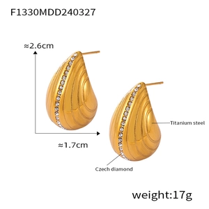 Detailed view of gold-plated teardrop earrings with spiral texture and Czech diamonds