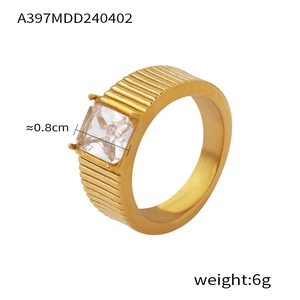 Detailed view of 6g gold ring with striped texture and 0.8cm square crystal stone