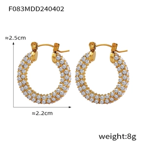 Close-up of gold-plated hoop earrings with pave-set white zircons, size 2.5cm by 2.2cm