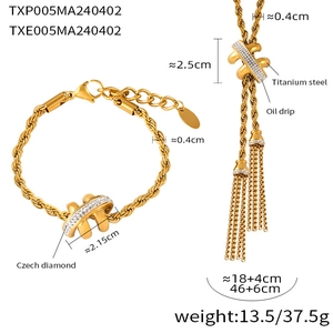 Detailed size chart of gold titanium steel rope chain jewelry set with diamond accents