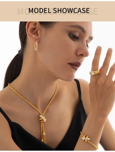 Model showcase of gold twisted rope jewelry set with pave crystals on necklace and ring