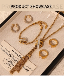 Detailed showcase of a gold titanium steel twisted rope jewelry set with crystals