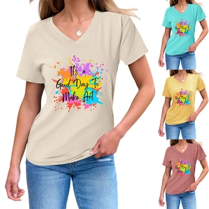 Women's V-neck cotton T-shirt featuring artistic Good Day print in four color options