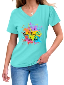 Detail of V-neck turquoise T-shirt featuring It's a Good Day To Make Art print design
