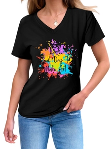 Close-up of V-neck cotton T-shirt featuring 'It's a Good Day To Make Art' ink splash design