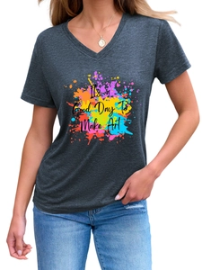 Detail of V-neck grey tee with colorful splatter art and It's a Good Day To Make Art text