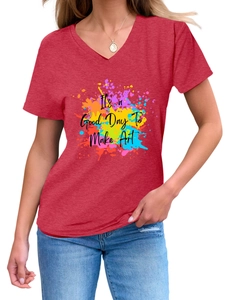 Close-up of V-neck red t-shirt featuring artistic Good Day To Make Art print