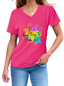 Detail of rose red V-neck T-shirt with It's a Good Day To Make Art graphic print