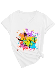Detail of V-neck white T-shirt featuring It's a Good Day To Make Art slogan and knot