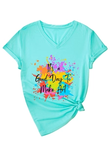 Detail of V-neck light blue T-shirt with It's a Good Day To Make Art print and rolled sleeves