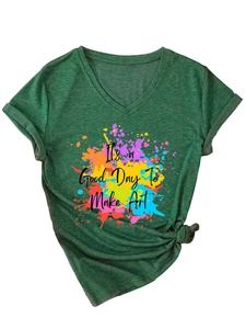 Detail of V-neck dark green heather t-shirt with art slogan and side knot hem