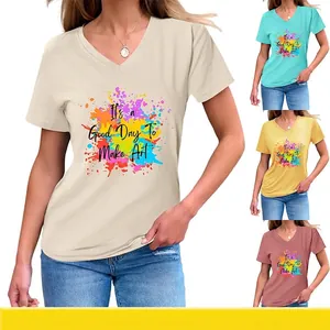 Women V Neck T Shirt Cotton Blend Short Sleeve Artistic Colorful Splash Print Letter Graphic Casual Loose Tops