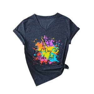 Dark blue V-neck T-shirt with 'It's a Good Day To Make Art' print and side knot detail