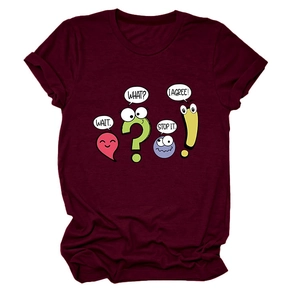 Détails des expressions de dessins animés et texte sur le t-shirt bordeaux col rond