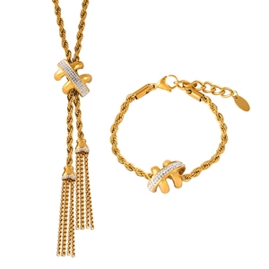 Gold plated twisted rope jewelry set with crystal X-cross charms and tassel necklace