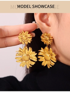 Détails des boucles d'oreilles tournesol plaquées or 18 carats portées par un mannequin