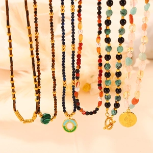 Bohemian natural stone beaded necklace set with various colorful semi-precious pendants