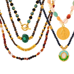 Bohemian dopamine style natural stone beaded necklace with gold coin pendants and T-bar clasp