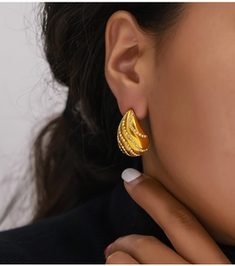 Detail view of large teardrop-shaped gold earring with sparkling rhinestone rows on model