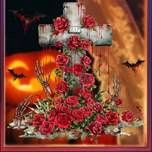Detail of Halloween window sticker with R.I.P cross, red roses and bats design