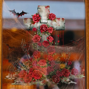 Halloween static window cling with RIP cross, red roses, bats and skeleton hands