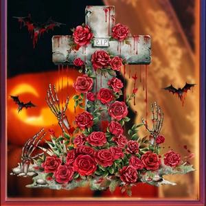 Halloween static window cling with gothic red roses, RIP cross tombstone and bats