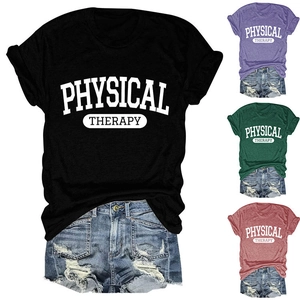 Detail view of round neck physical therapy letter print t-shirt in four various colors