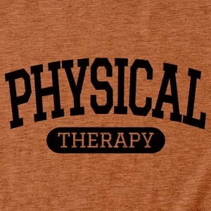 Close-up of rust orange physical therapy letter print on heathered fabric texture