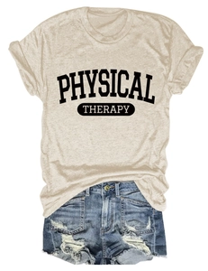 Macro shot of physical therapy lettering on a sand-colored crewneck tee with rolled sleeves