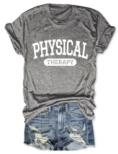 Flat lay of heather gray Physical Therapy cotton tee paired with distressed denim shorts