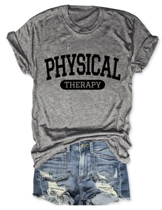 Close-up of Physical Therapy letter print on heather grey cotton t-shirt with denim shorts